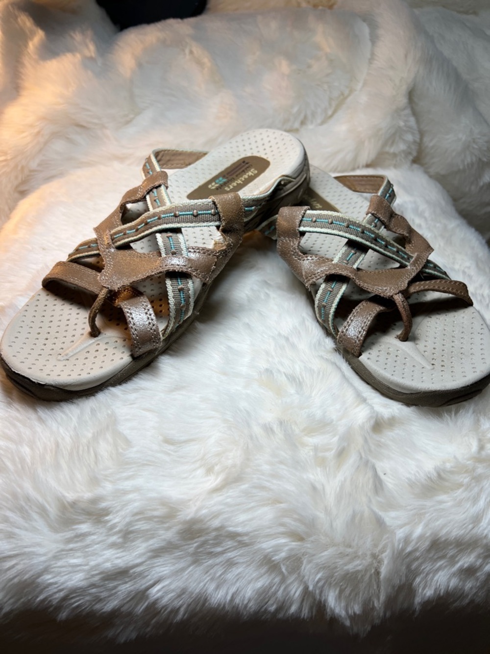 Skechers Taupe Slide Sandals with Mint Stitching